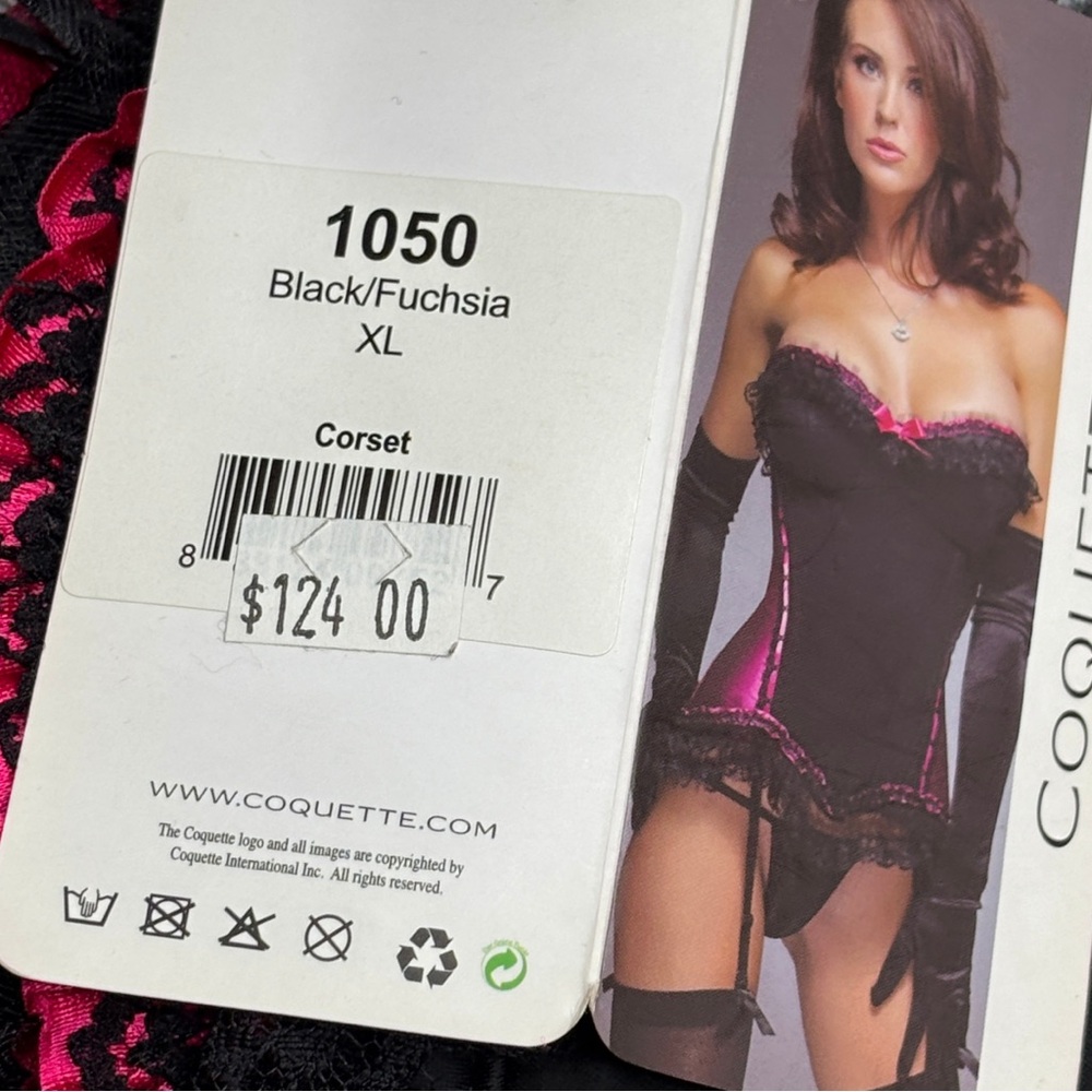 Coquette — NWT — Black Fuchsia Pink Lace Corset Bustier Top — Size XL - Picture 5 of 6